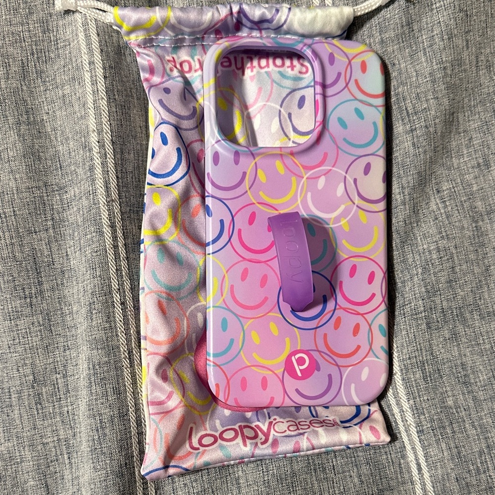 Loopy Case Multicolor Smiley Phone Case with Purple Loop
